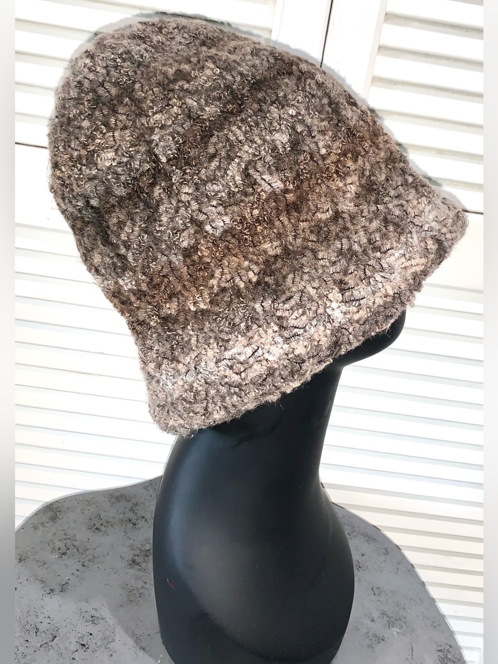 Vintage, Made in Italy, Boucle Knit, Fuzzy, Earth Tones, Chunky Winter Hat,Boho